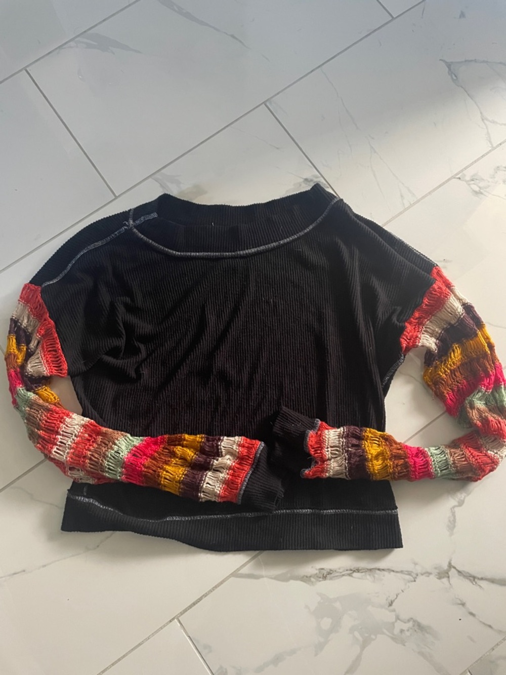 Free People Black Knit Sweatshirt with Multicolor Crochet Sleeves